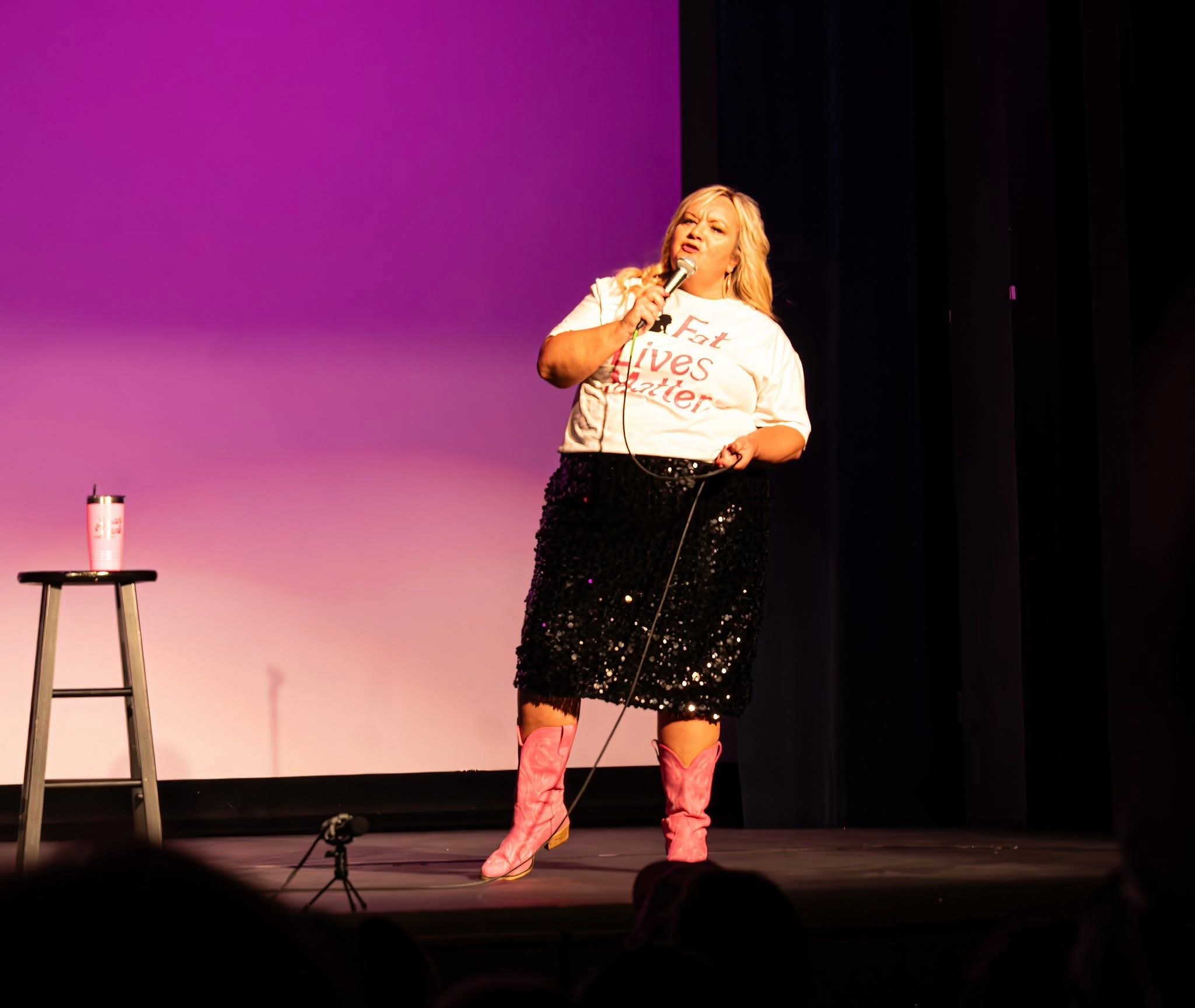 Susan Horne on stage - wide shot